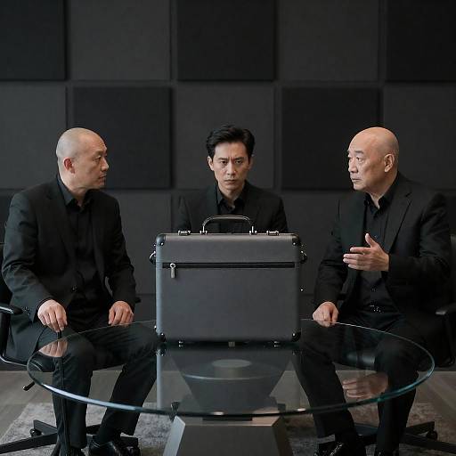 Three Men in Black Suits with Briefcase at Glass Table