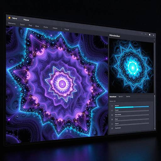 Digital art software interface displaying vibrant, glowing, purple and blue fractal mandala on a black background, with editing options on the right.