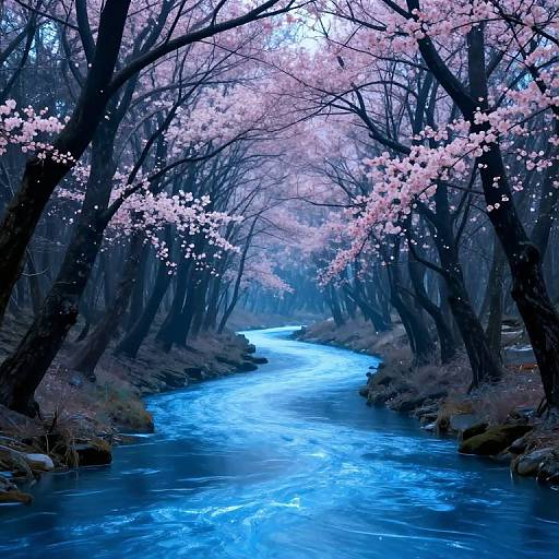 Photograph of a serene forest stream with glowing blue water, flanked by cherry blossom trees in pink bloom, creating a magical, ethereal atmosphere.