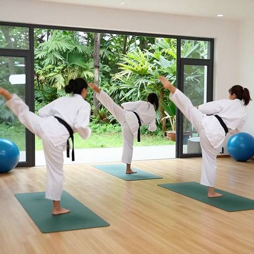 Photograph of three women in white karate uniforms performing high kicks on green yoga mats in a bright, wooden-floored room with large windows and