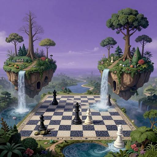 Fantasy digital artwork of a floating chessboard between two tree-covered rock islands with waterfalls, surrounded by lush vegetation and a winding river.