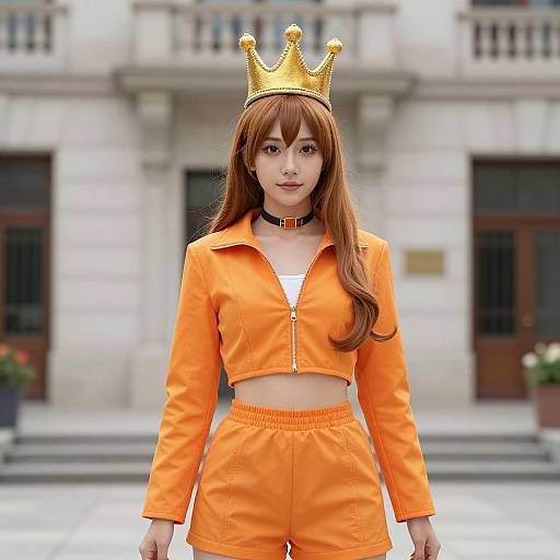 Photograph of an Asian woman with long brown hair, wearing a gold crown, orange jail jumpsuit, black choker, and white crop top,