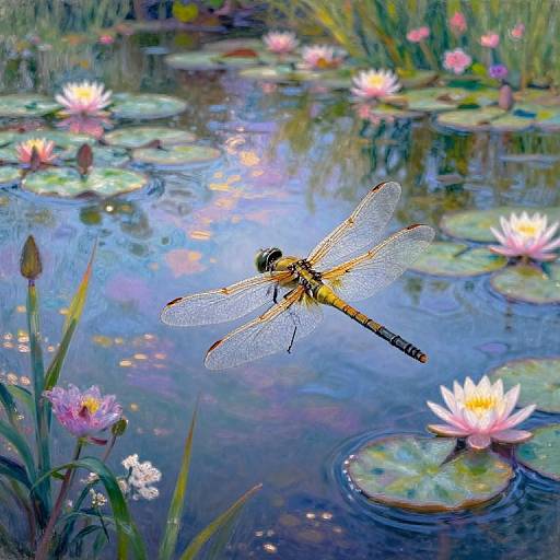 Vivid painting of a golden dragonfly with translucent wings flying over a serene pond filled with pink water lilies and green lily pads.