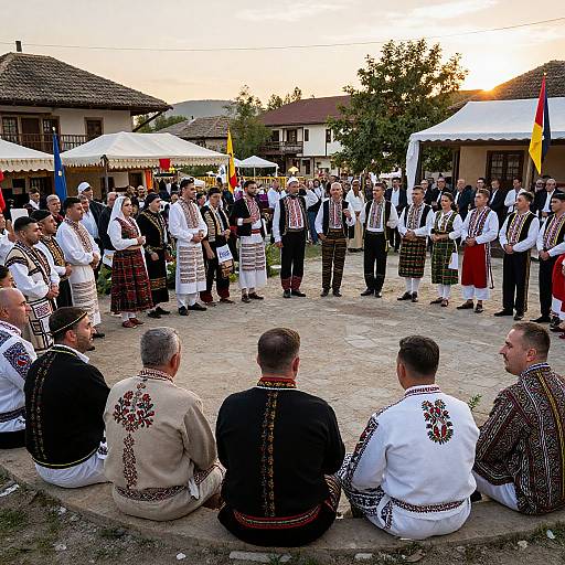 Photograph of a traditional folk dance performance with men and women in colorful, patterned folk costumes, seated audience, and outdoor village setting at sunset.