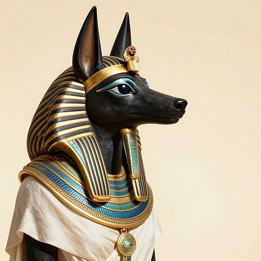 Photograph of an Egyptian-style Anubis statue with black jackal head, gold and blue striped headdress, white cloth, and ornate jewelry