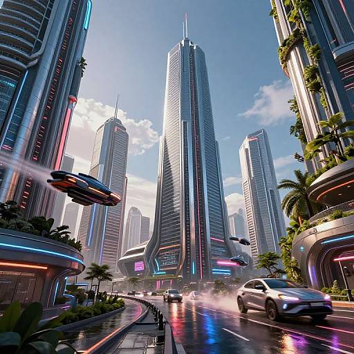 Futuristic cityscape with neon-lit skyscrapers, flying cars, and sleek modern architecture. Rain reflects vibrant lights on wet streets, palm