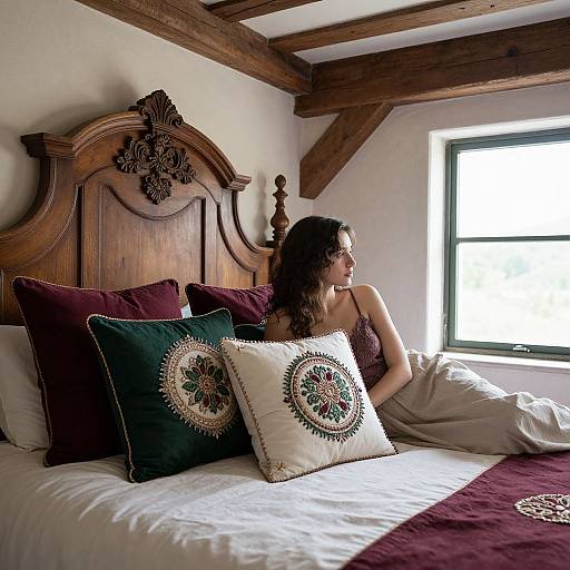 Photograph of a woman with long brown hair, wearing a maroon strap dress, sitting on a wooden bed with ornate headboard, surrounded by