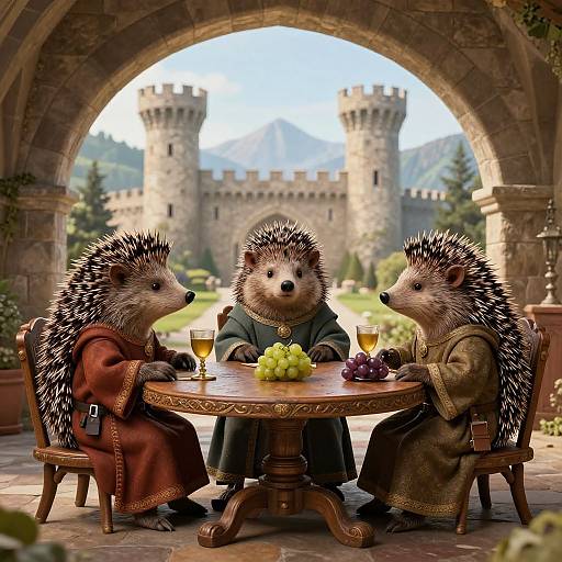 Photograph-style CGI of three anthropomorphic hedgehogs in medieval robes, dining under a stone archway with a castle and mountains in the background.