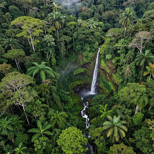 Aerial photograph of a lush, dense tropical forest with a tall, white waterfall cascading into a dark, misty pool. Verdant palm trees