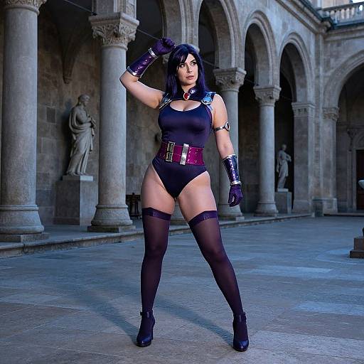 CGI image of a muscular, pale-skinned woman with black hair, wearing a black tank top, high-waisted briefs, thigh-high