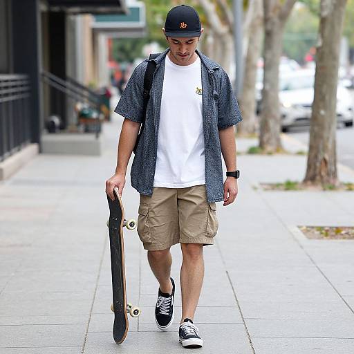 Young man with black cap, white t-shirt, blue shirt, beige shorts, and black sneakers walks on city sidewalk, holding skateboard. Photograph.