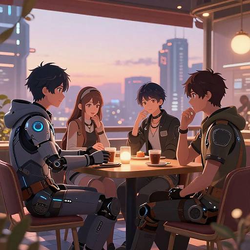 Digital anime artwork of four young, futuristic characters in a sunset-lit city café, seated at a round table with drinks.