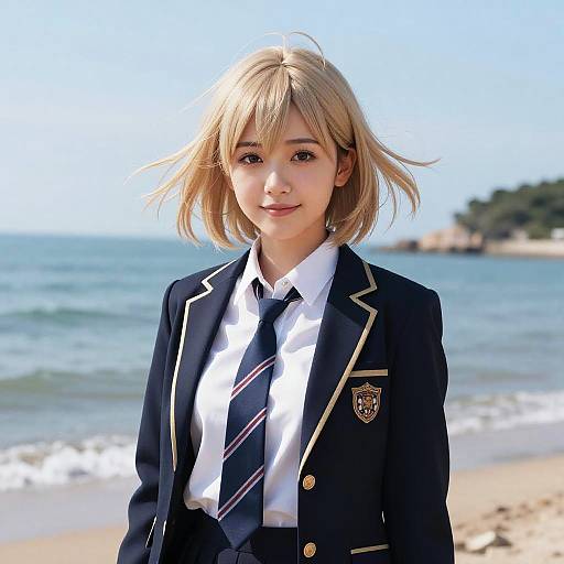 Digital anime-style image of a young blonde girl in a navy school uniform with a striped tie, standing on a sunny beach with clear blue ocean and distant