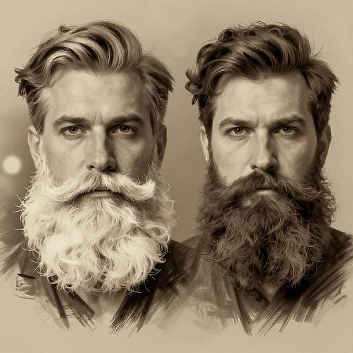 Sepia-toned digital artwork of two men, side by side, with identical faces but different thick beards—left with white, right with dark