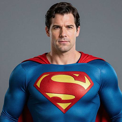 Photograph of a muscular man with short black hair, wearing a blue Superman costume with a red cape and yellow-red 