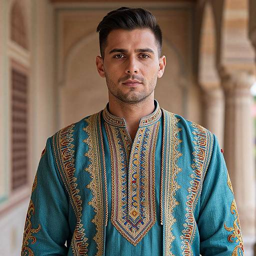 Photograph of a handsome Middle Eastern man with short dark hair, wearing an intricately embroidered teal traditional shirt, standing in a sunlit, arched