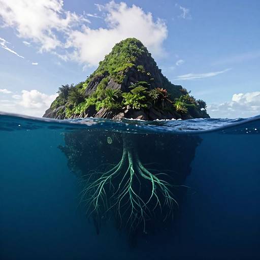 Photograph of a lush, green island rising from the ocean, with detailed underwater roots visible below the waterline, under a bright blue sky with scattered