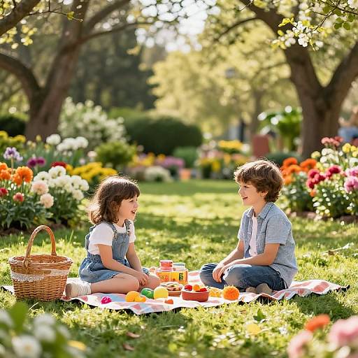 Photograph of a sunny park: curly-haired girl and boy, sitting on a blanket, sharing fruit, with a basket nearby, surrounded by vibrant flowers