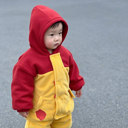 Child in Colorful Hooded Outfit on Street