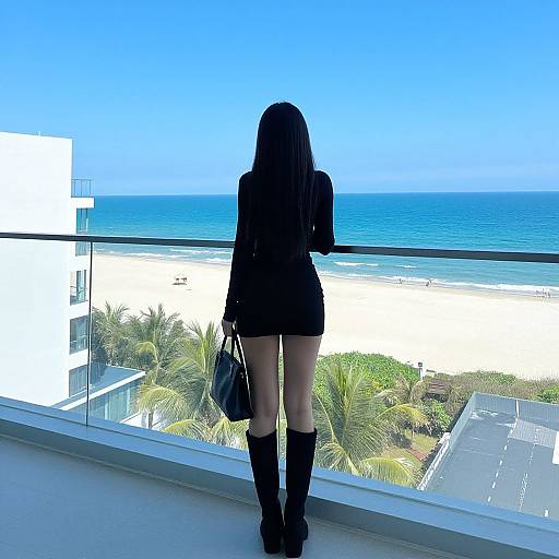 Woman on Modern Balcony by Ocean