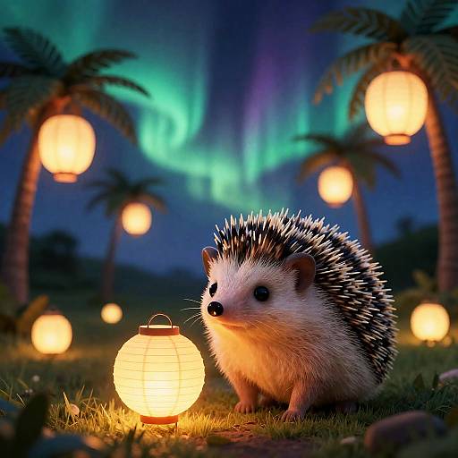 Cute Alien Hedgehog Amid Aurora Archipelago