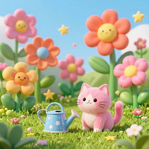 Whimsical Garden with Playful Pink Cat