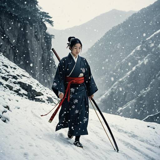 Ronin warrior practicing in snowy mountain pass