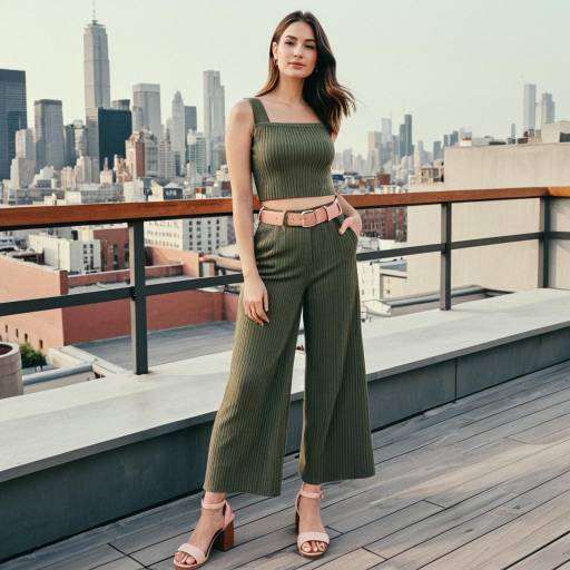 Woman in Olive Green Crop Top and Wide-Leg Pants on Rooftop
