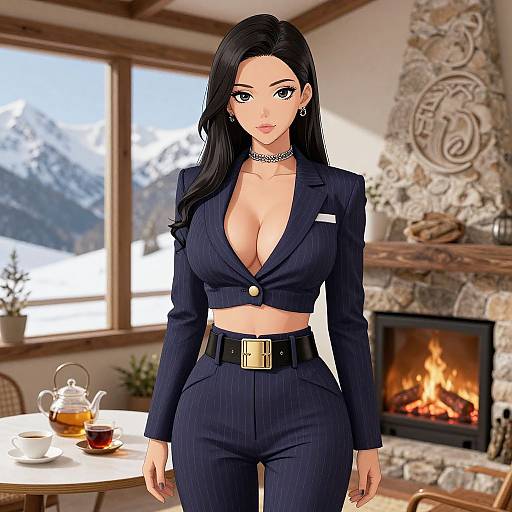Digital art of a sexy, black-haired woman in a blue pinstripe blazer and high-waist pants, standing in a cozy, sun