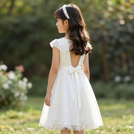 Photograph of a young girl with long brown hair wearing a white lace dress and floral headband, standing in a sunlit garden.