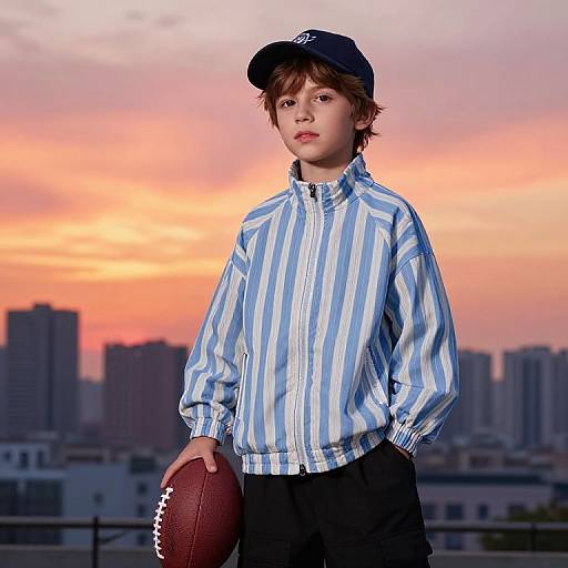 Photograph of a young boy with short brown hair, wearing a blue-striped shirt, black cap, and black pants, holding a football, against a