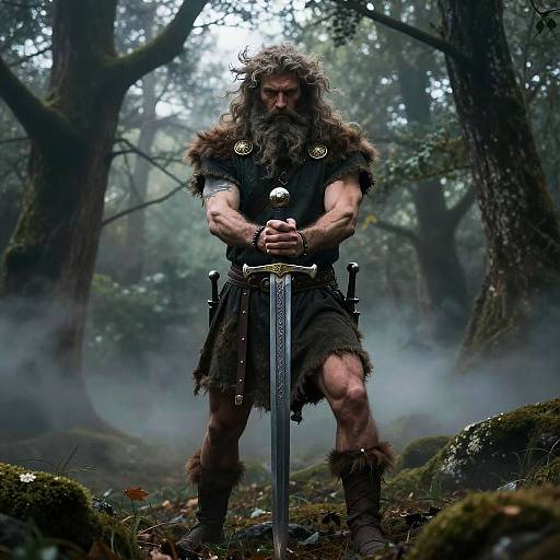 Ancient Celtic God in Misty Forest