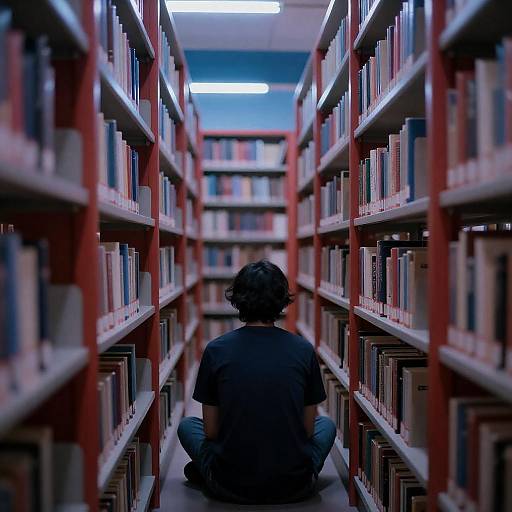 Dim Neon Library Aisle with Reader