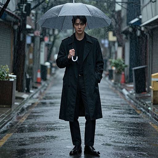 Photograph of a serious Asian man in a black coat, holding a transparent umbrella, standing in a rainy urban alley.