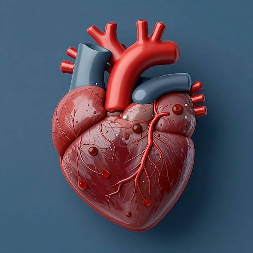 Digital illustration of a detailed, vibrant red and blue human heart with visible arteries and veins, set against a solid blue background.