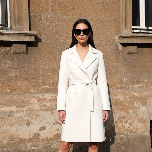 Photograph of a woman with long black hair, wearing large black sunglasses, and a white belted coat, standing against a textured stone wall with two