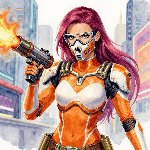 Digital anime-style drawing of a red-haired woman in an orange and white armored suit, holding a gun with a flaming barrel, standing in a futuristic city