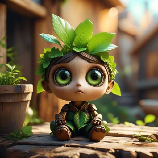 Charming Wooden Fantasy Character in Flowerpot