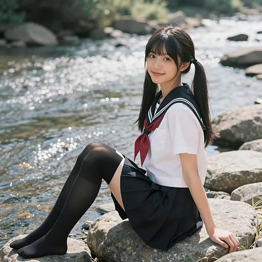 Japanese Schoolgirl by the River