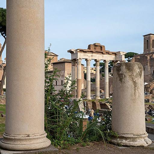Photograph of ancient Roman ruins featuring tall, weathered stone columns in the foreground, with partially intact columns and a clear sky in the background. Green