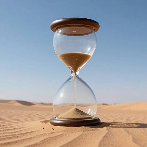 Photograph of a glass hourglass with a wooden top and bottom, sitting on a sandy desert with clear blue sky.