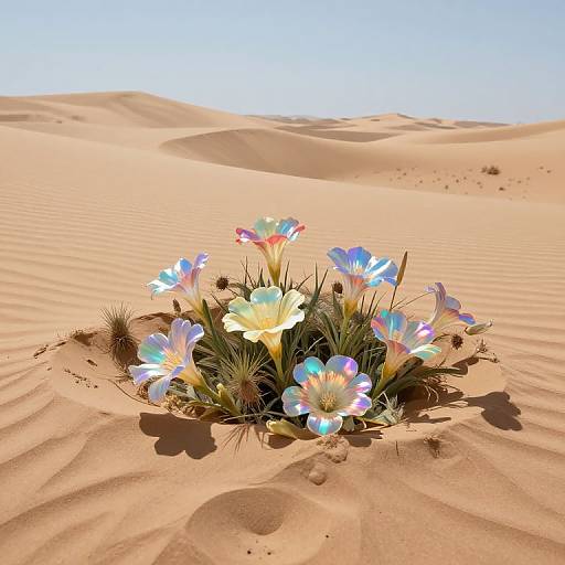 Photograph of vibrant, iridescent flowers with blue, purple, and yellow hues blooming in a desert sand dune, casting subtle shadows.