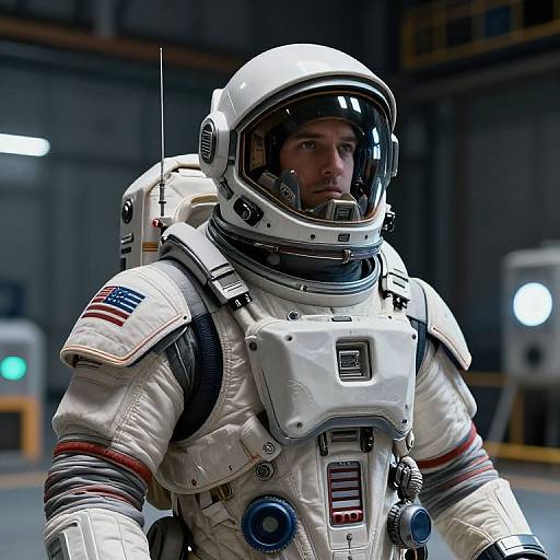 Photorealistic CGI of a serious male astronaut in a white spacesuit with American flag patch, helmet, and life support systems, in a dimly