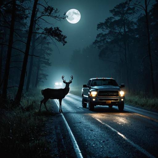 Deer on Road at Night Under Full Moon