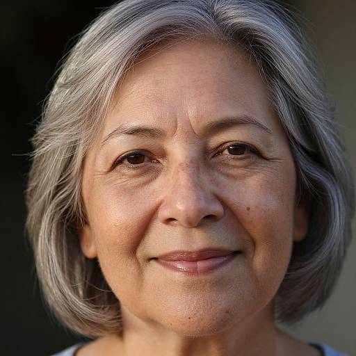 Photograph of an elderly woman with short gray hair, smiling subtly, light skin, brown eyes, wearing a dark top, against a dark background.