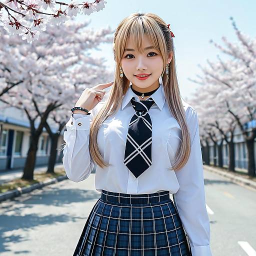 Photograph of an Asian woman with long blonde pigtails, wearing a white shirt, black tie, and plaid skirt, standing under cherry bloss