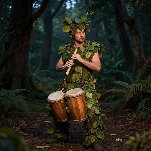 Photograph of a man in a forest, dressed in a leaf costume, holding two wooden drums, with a leaf headpiece, in a dimly