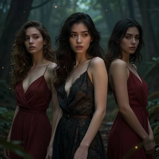 Photograph of three women with wavy dark hair, in forest, wearing deep red and black lace dresses, standing in a triad formation, looking
