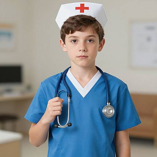 Photograph of a young boy with brown hair and fair skin, wearing a white nurse's cap, blue scrubs, and a stethoscope,