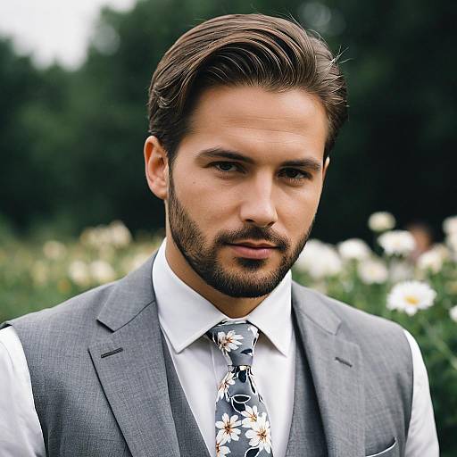 Man in Grey Suit with Floral Tie Outdoors